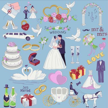 Dekoratif düğün tasarım öğeleri çizilmiş koleksiyonu el