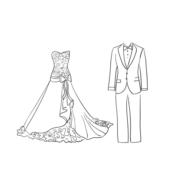 Doodle Hochzeitskleid und Anzug — Stockvektor