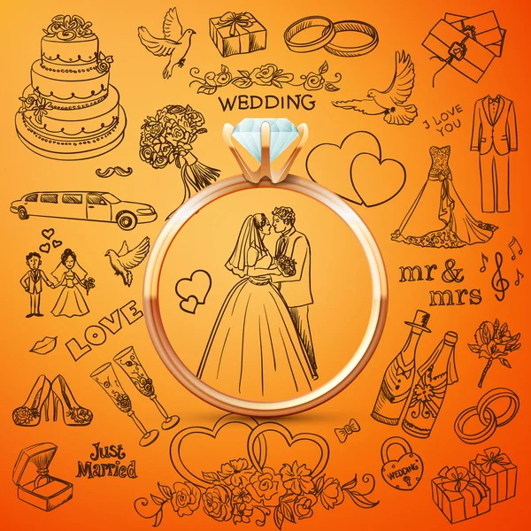 Collection dessinée à la main d'éléments décoratifs de conception de mariage avec des bagues en or — Image vectorielle