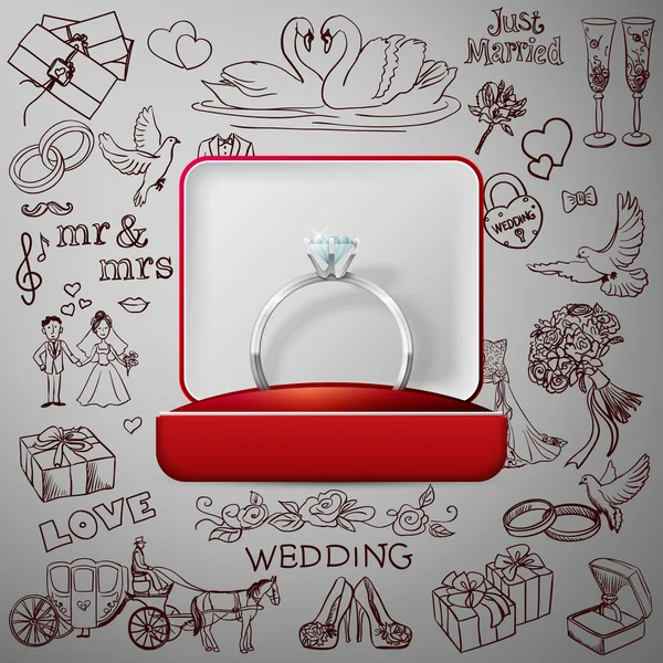 Colección dibujada a mano de elementos decorativos de diseño de bodas con anillos — Vector de stock