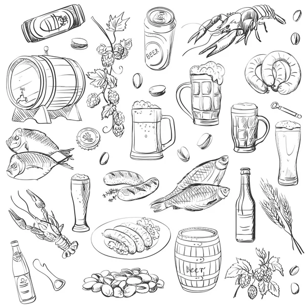 Cerveza. mano dibujo conjunto de bocetos vectoriales — Vector de stock