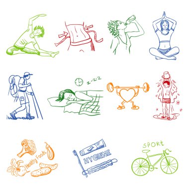 Sağlıklı yaşam elle çizilmiş doodle kroki Icons set