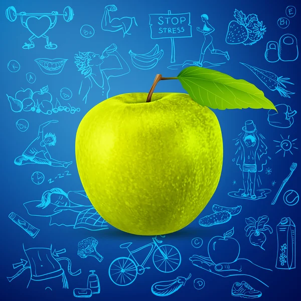 Gesunder Lebensstil Hintergrund mit grünem Apfel — Stockvektor