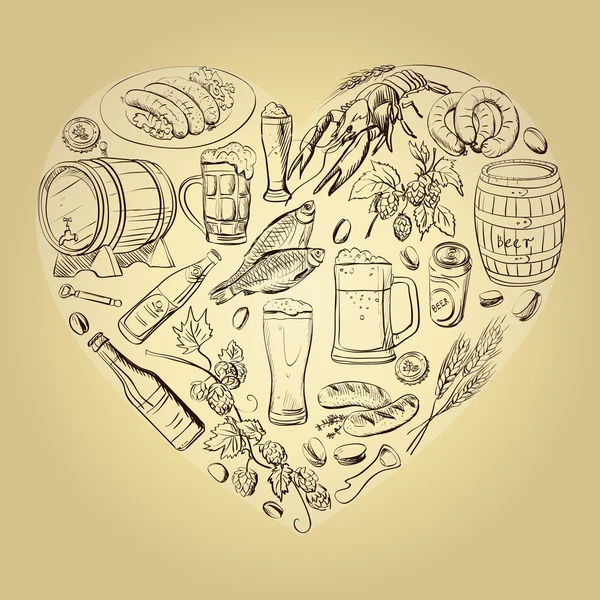 Beer hand drawing Heart Background — ストックベクタ