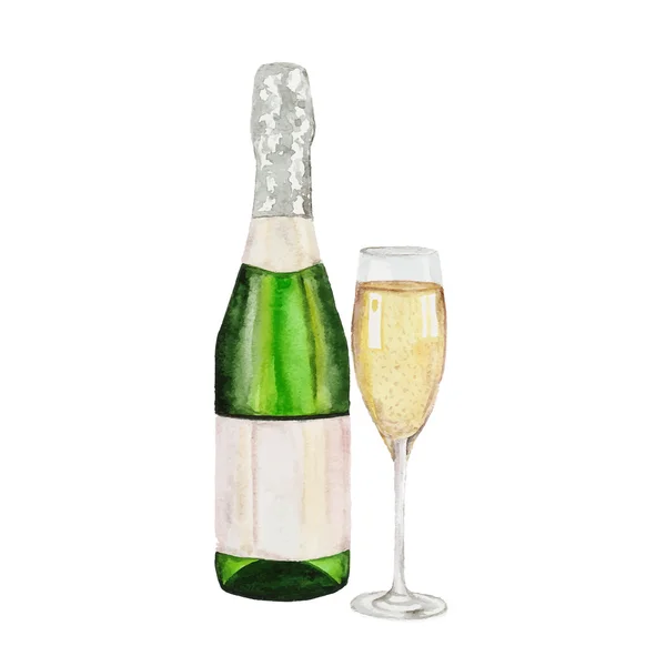 Champagne fles en glas champagne. aquarel op witte achtergrond — Stockvector