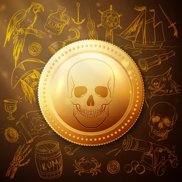 硬币骷髅海盗和手工绘制的图标 — 图库矢量图片