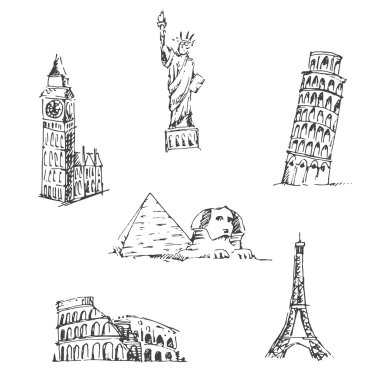 Seyahat seti doodle. Dünya ünlü simge