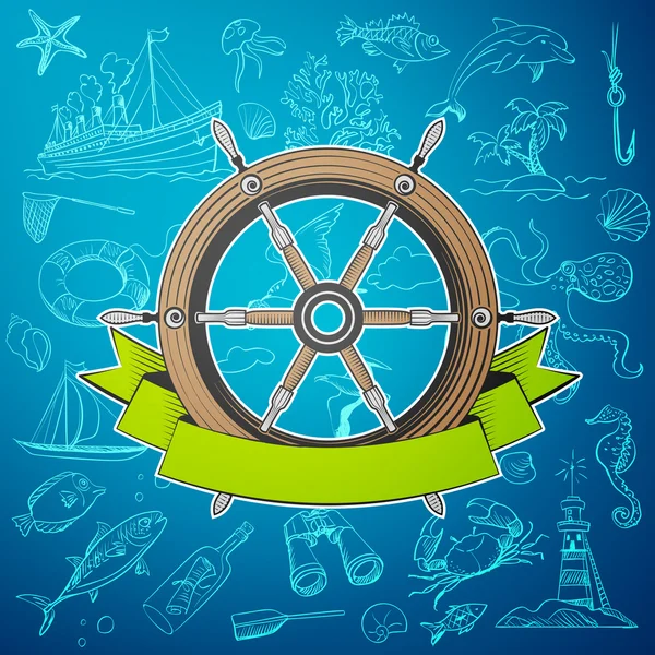 Barco de timón con elementos dibujados a mano de tema marino — Vector de stock