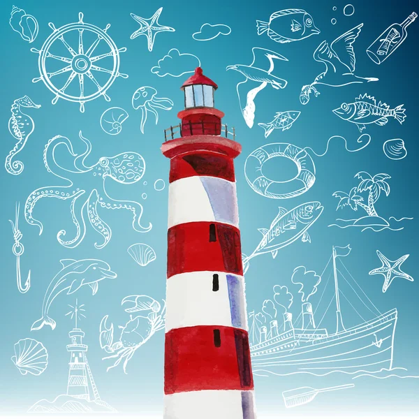 Lighthouse and hand-drawn icons of marine theme — Stock Vector