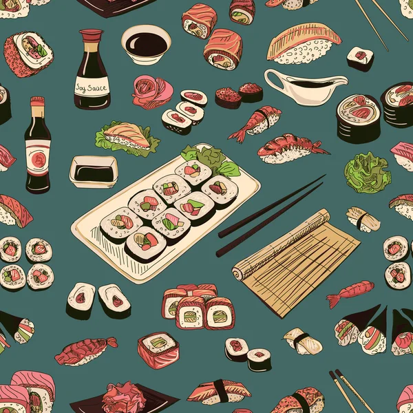 Färgade Sushi och rullar seamless mönster — Stock vektor