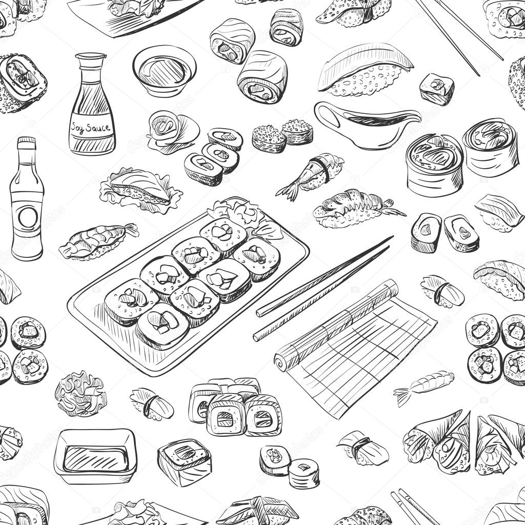 Sushi and rolls seamless pattern