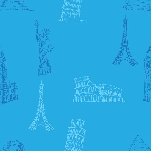 Patrón de Doodle Travel. Lugares de interés mundialmente famosos — Vector de stock