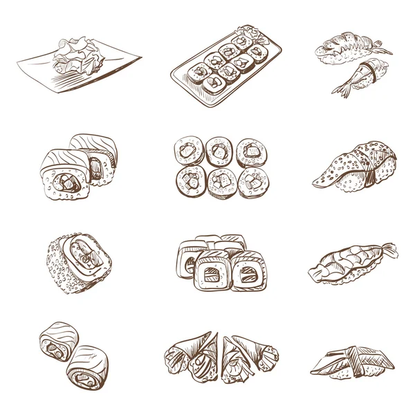 Set dessiné à la main avec des rouleaux de sushi sashimi — Image vectorielle