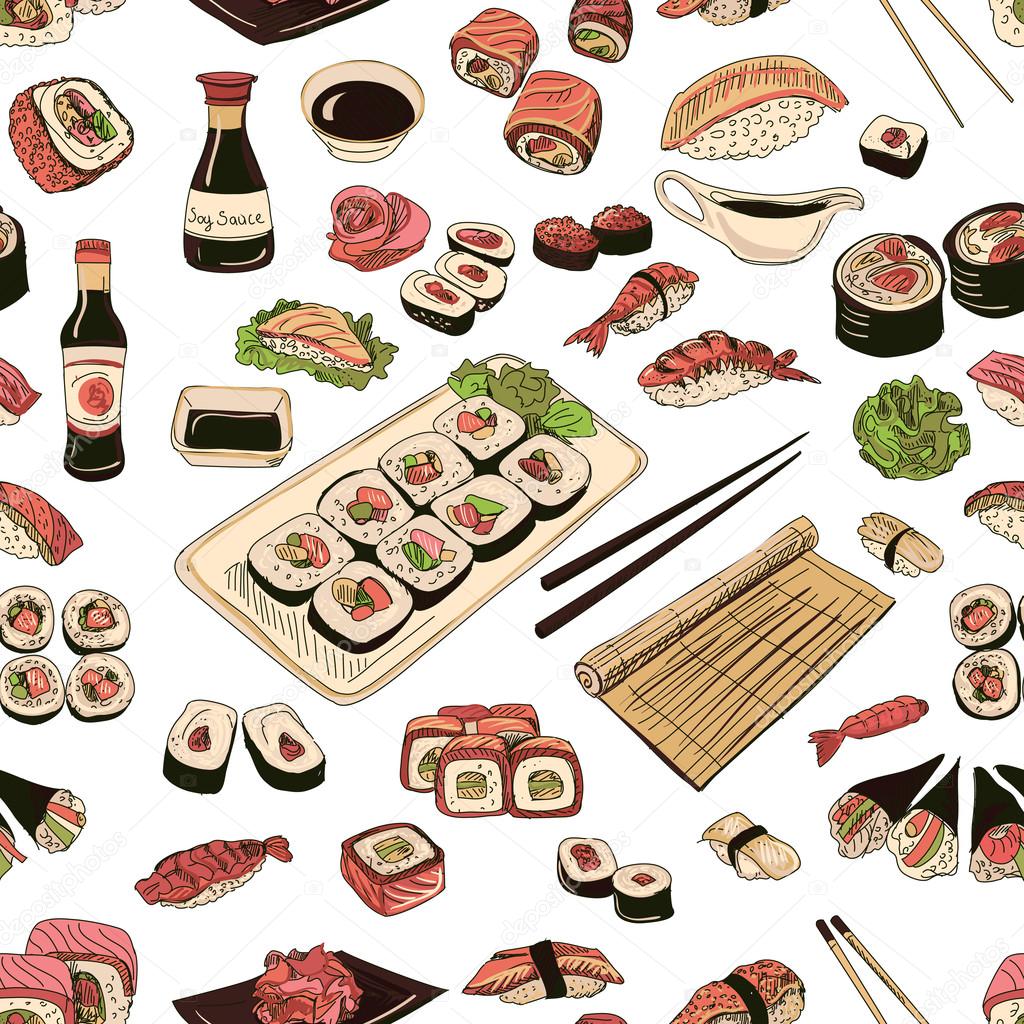 Colored Sushi and rolls seamless pattern