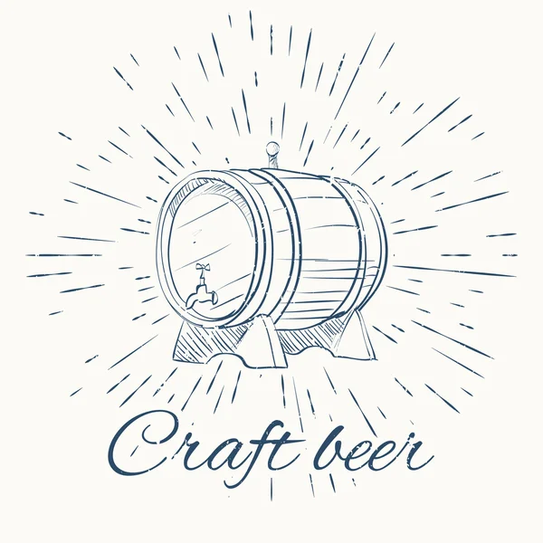Beer barrel and vintage sun burst frame. craft emblem — Stock Vector