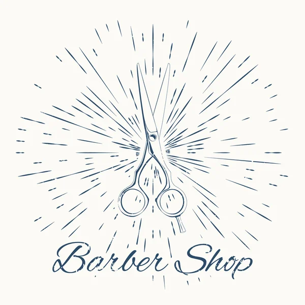 Schere und Vintage Sun Burst Rahmen. Emblem des Friseursalons — Stockvektor