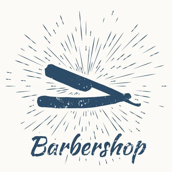 Rakkniv och vintage sun burst ram. Barbershop emblem — Stock vektor