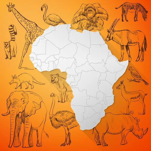 Afrika kaart en Hand getrokken dier — Stockvector