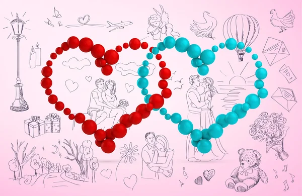 História de amor desenhada à mão com dois corações. Cartão de dia dos namorados — Vetor de Stock