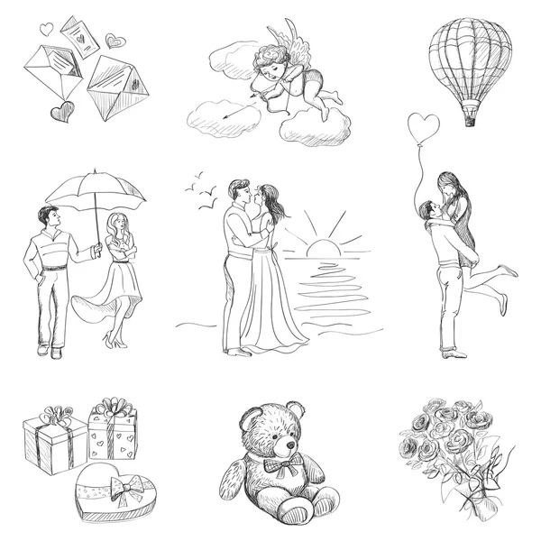 Icônes Love Story dessinées à la main — Image vectorielle