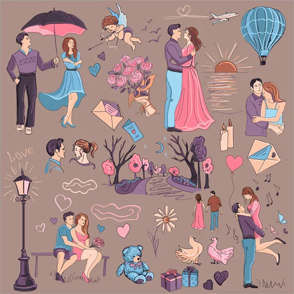 Ruky nakreslené ilustrace Love Story — Stockový vektor