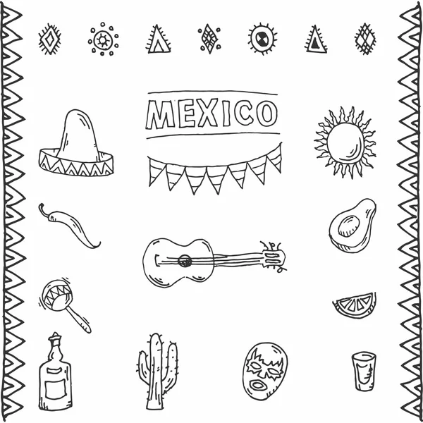 Ikon gambar tangan Meksiko ditata - Stok Vektor