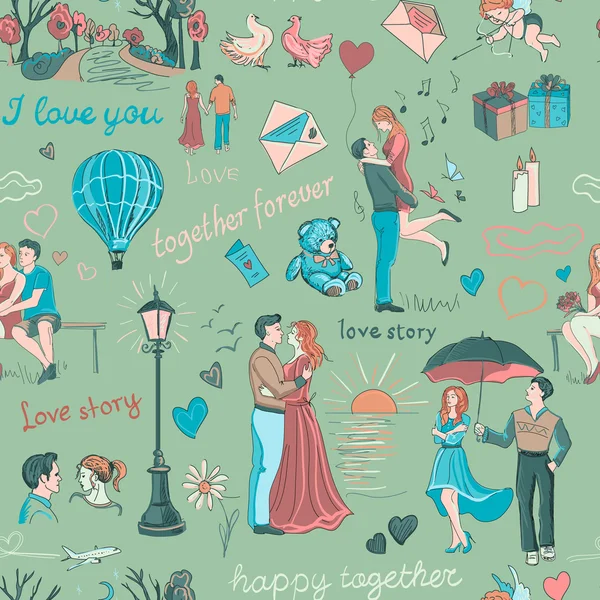 Seamless pattern with love story elements — Stock Vector