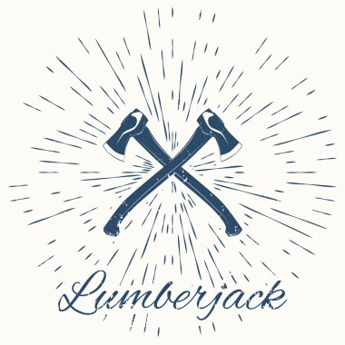 crossed axes and vintage sun burst frame. lumberjack emblem clipart