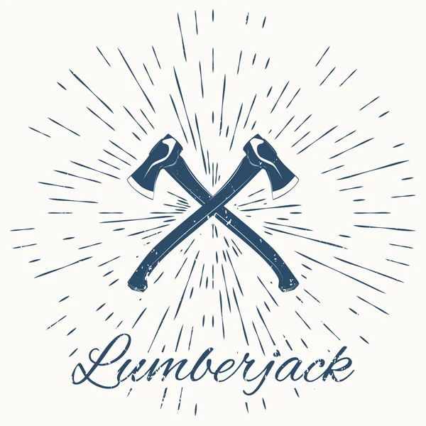 Crossed axes and vintage sun burst frame. lumberjack emblem — Stock Vector