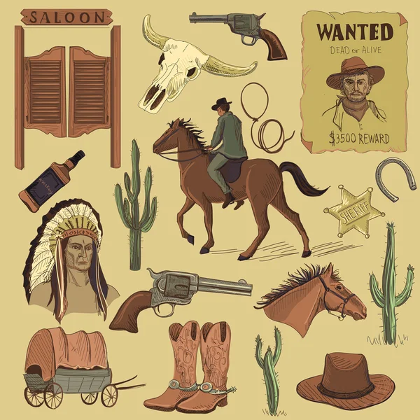 Set di icone Wild West disegnate a mano — Vettoriale Stock