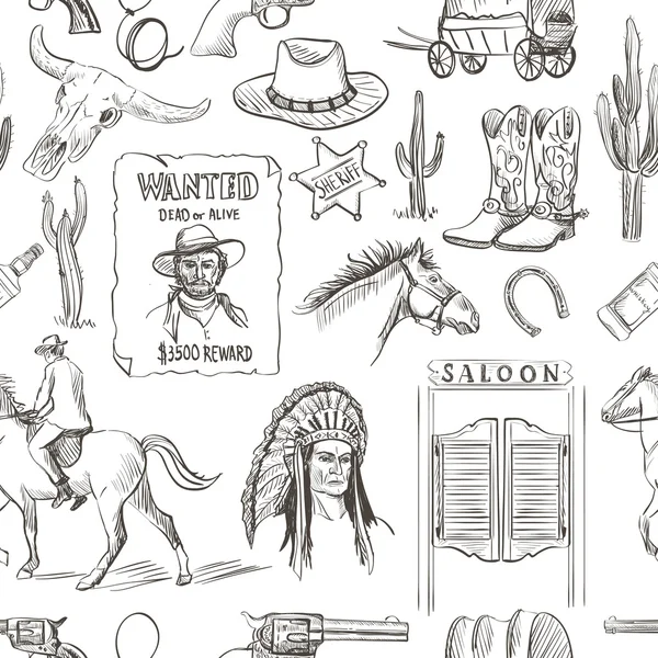 Wild West hand getrokken naadloze patroon — Stockvector