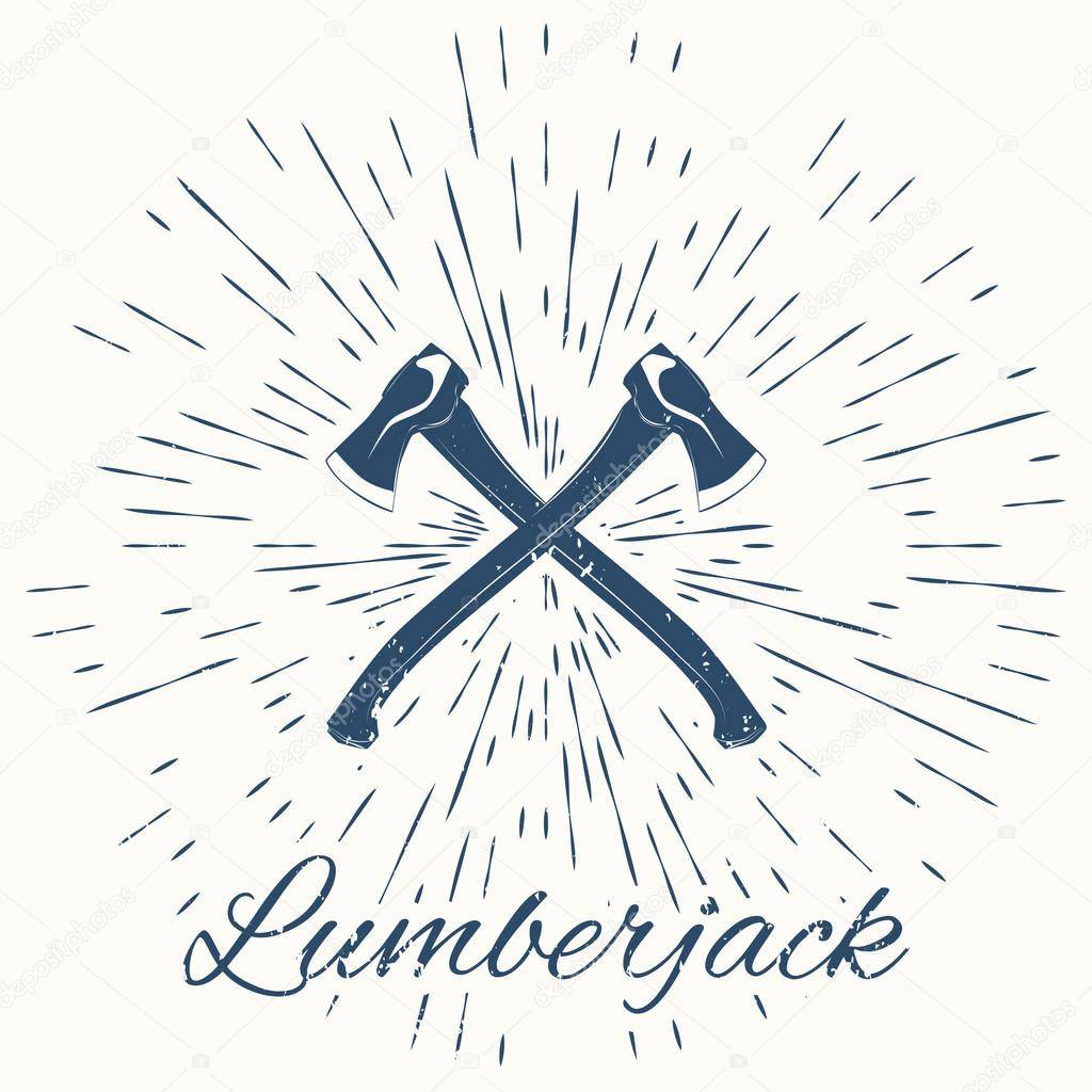 crossed axes and vintage sun burst frame. lumberjack emblem