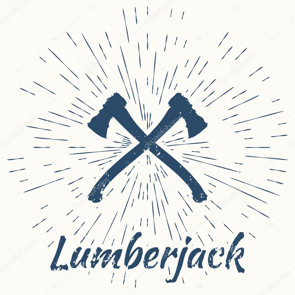crossed axes and vintage sun burst frame. lumberjack emblem