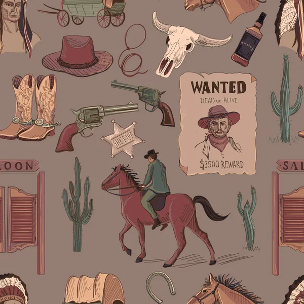 รูปแบบที่วาดด้วยมือสี Wild West — ภาพเวกเตอร์สต็อก