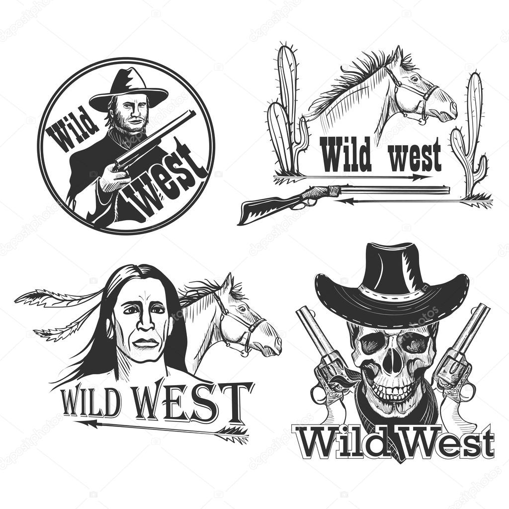 Set of Wild west emblems, labels, logos, badges and designed elements. Injun, kofboy, horse, cactus, hat, sheriff, revolvers, skull