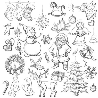Elle çizilmiş Noel ve yeni yıl öğeleri