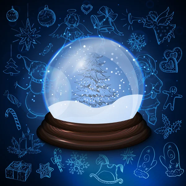 Kar küresi elle çizilmiş Noel ve yeni yıl öğelerle — Stok Vektör