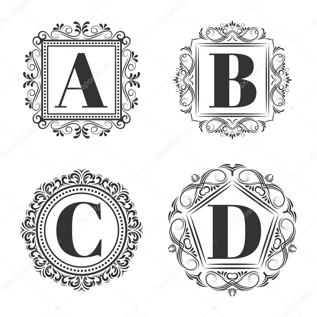 Set of classical logo or monogram design. Letters A, B, C, D