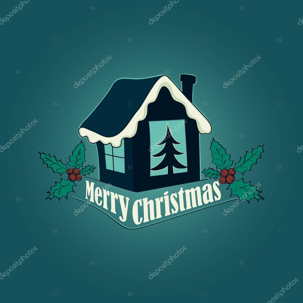 Christmas and New year logo and emblem with xmas tree, holly berries and Christmas house . Logo Christmas style for your design