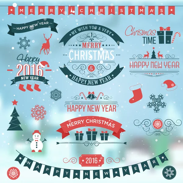 Navidad conjunto etiquetas emblemas en el fondo de invierno — Vector de stock