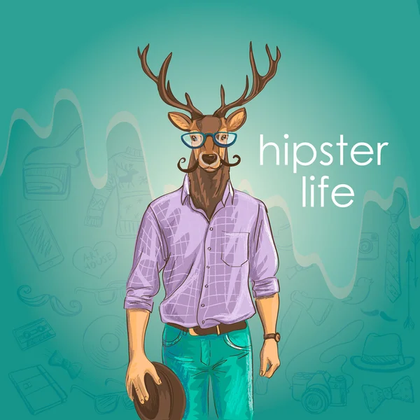 Hand Drawn Vector Illustration of Deer Hipster — Stock Vector