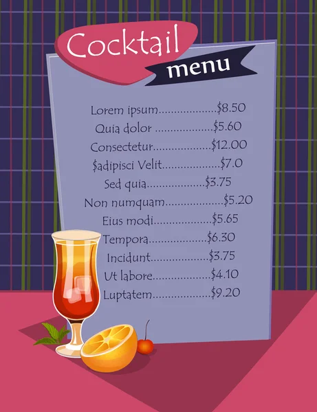 Modello menu cocktail — Vettoriale Stock