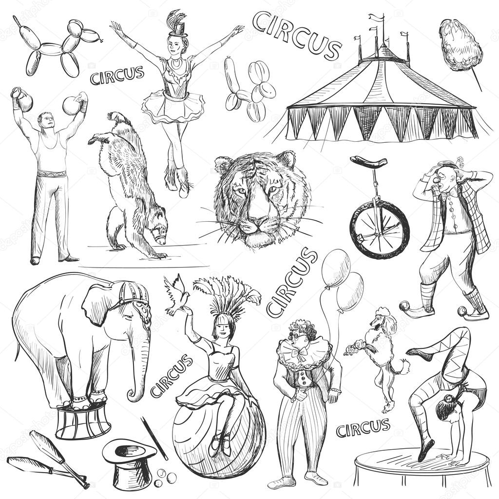 Circus performance decorative icons set