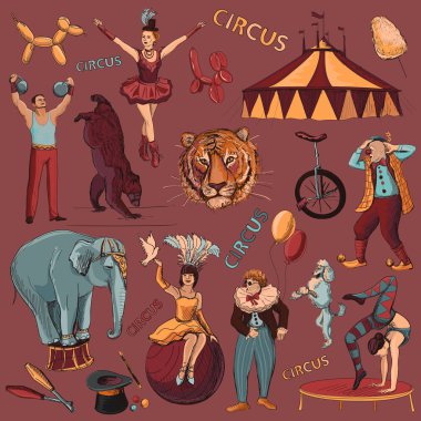 Circus. Collection of hand drawn icons vector Circus. Collection of hand drawn icons vector