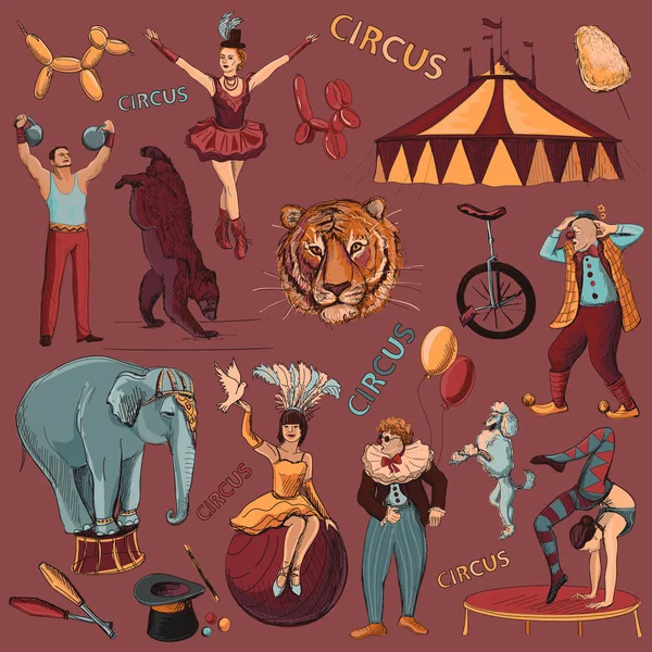 Le cirque. Collection d'icônes dessinées à la main — Image vectorielle