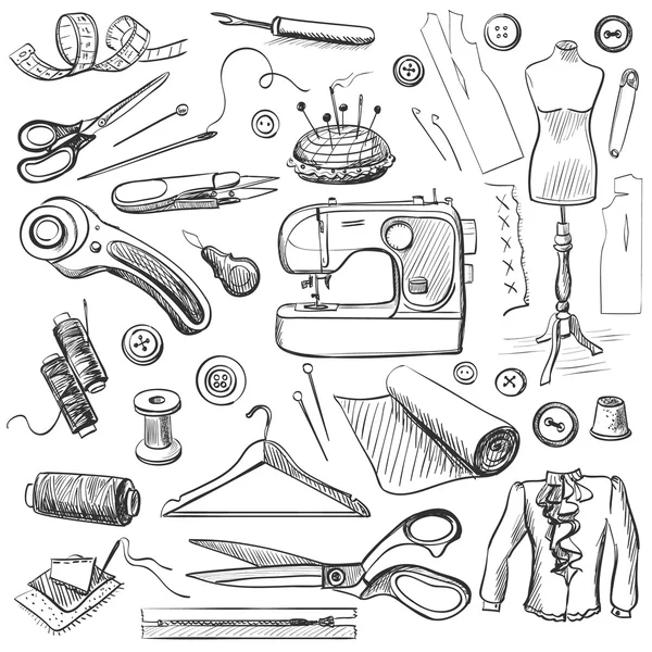 Hand drawn sewing icons set — Stock Vector