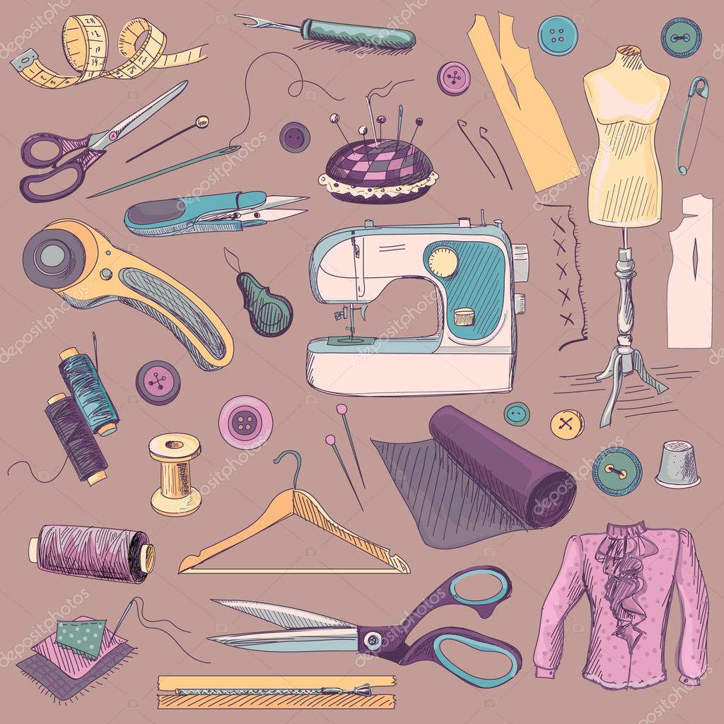 Seamless pattern with sewing & embroidery tools. Background with sewing  tools and colored tape. Scissors, bobbins with thread and needles. Hand  drawn vector illustration Stock Vector