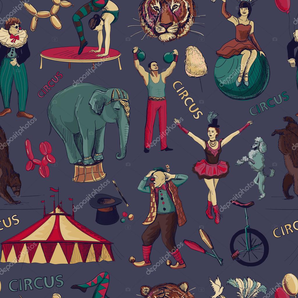 Sketch circles seamless pattern with acrobats, athlete, clowns, elephant, tricks, tiger, dog, bear, bike