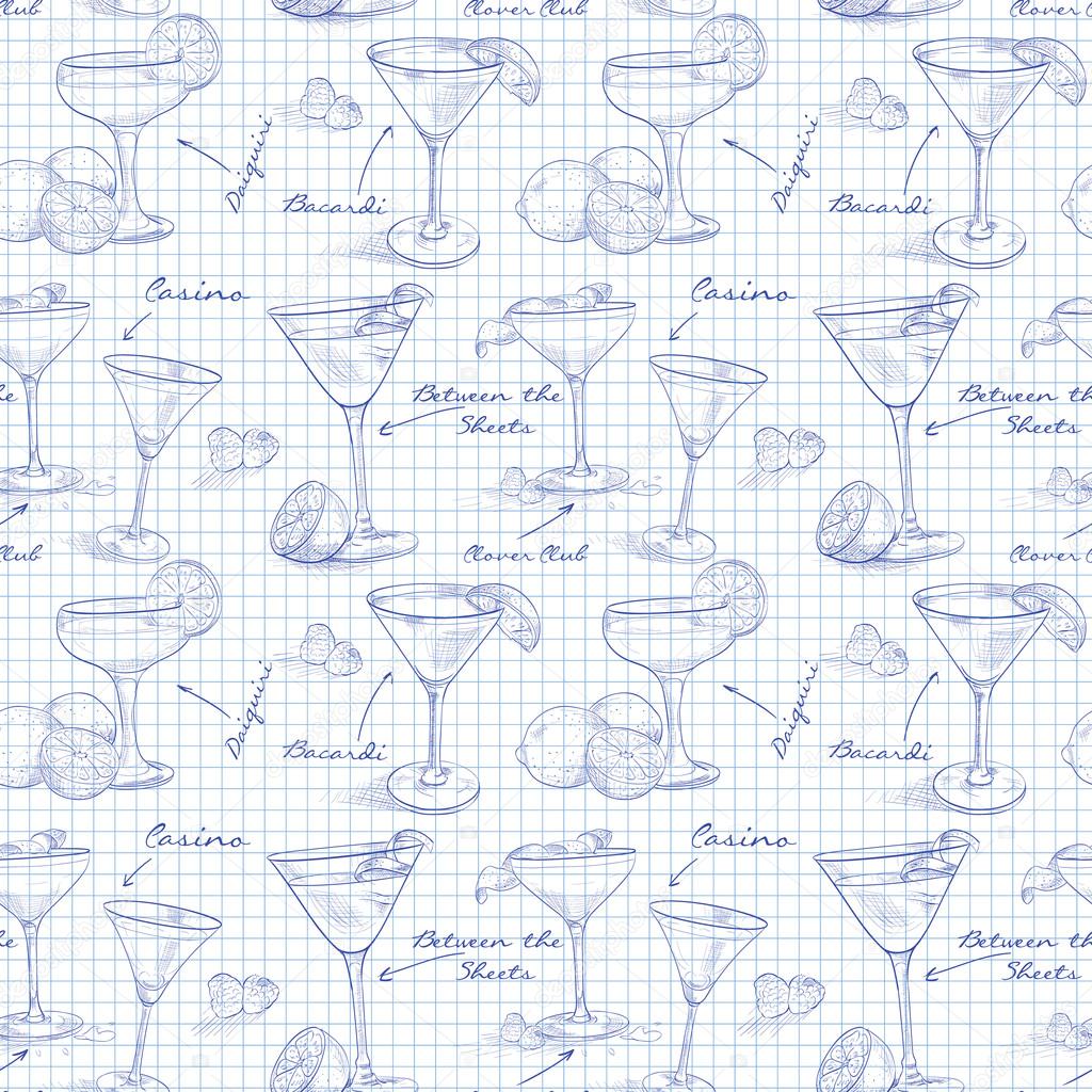 scetch pattern unforgettables cocktails on notebook page