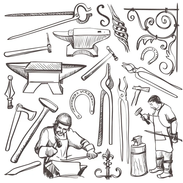 Hand drawn sketch blacksmith set — Stock Vector